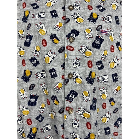 Aloha Made Me Mens Large L Hawaiian Short Sleeve Shirt Maneki Neko Grey Button - Picture 5 of 9